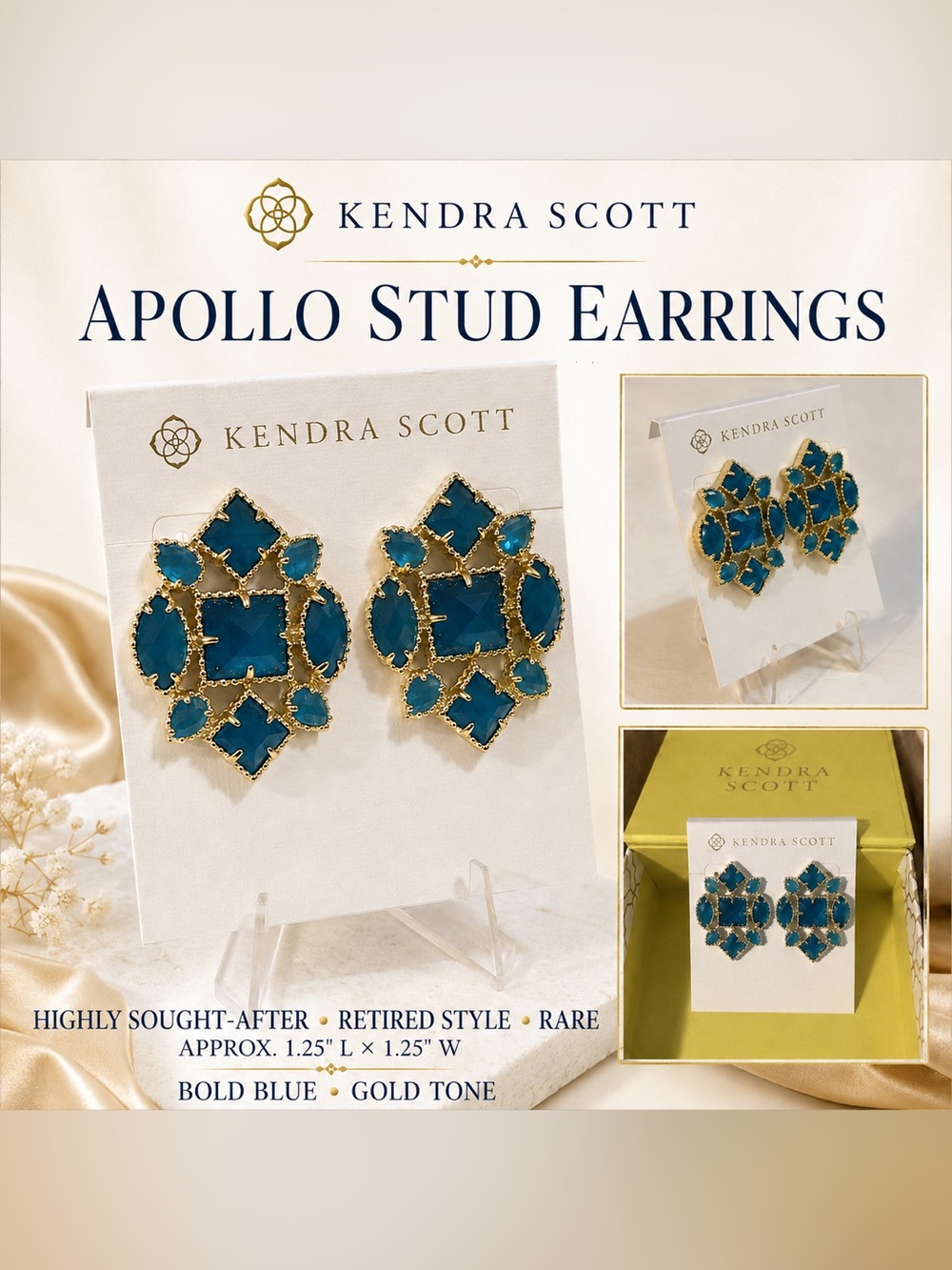Rare Retired Kendra Scott Apollo Blue Gold Stud Earrings HTF